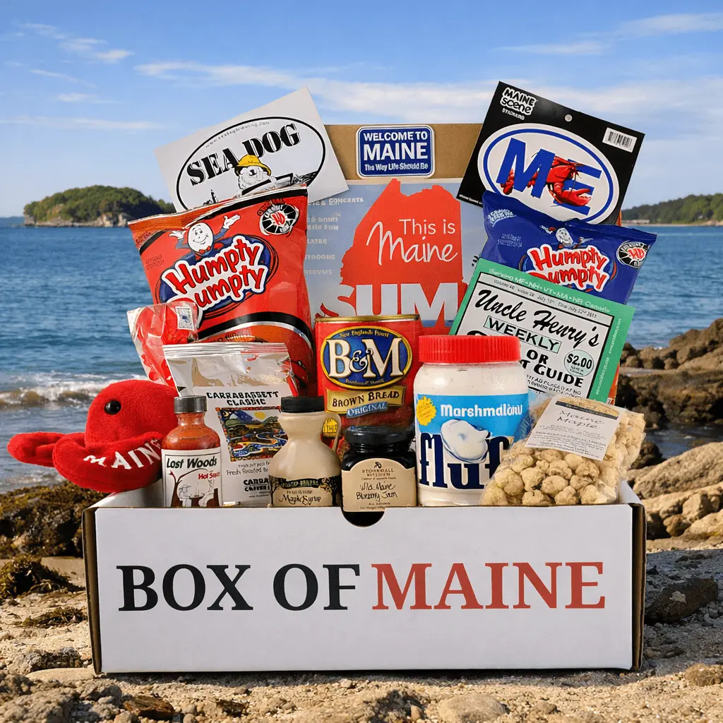 Box of Maine 10 item gift box with chips, marshmallow fluff, jam, syrup and a red lobster plush on a rocky shore