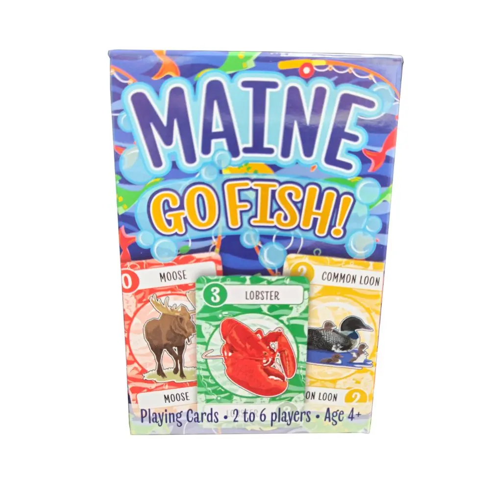 Maine Go Fish playing cards box with moose, lobster and common loon cards