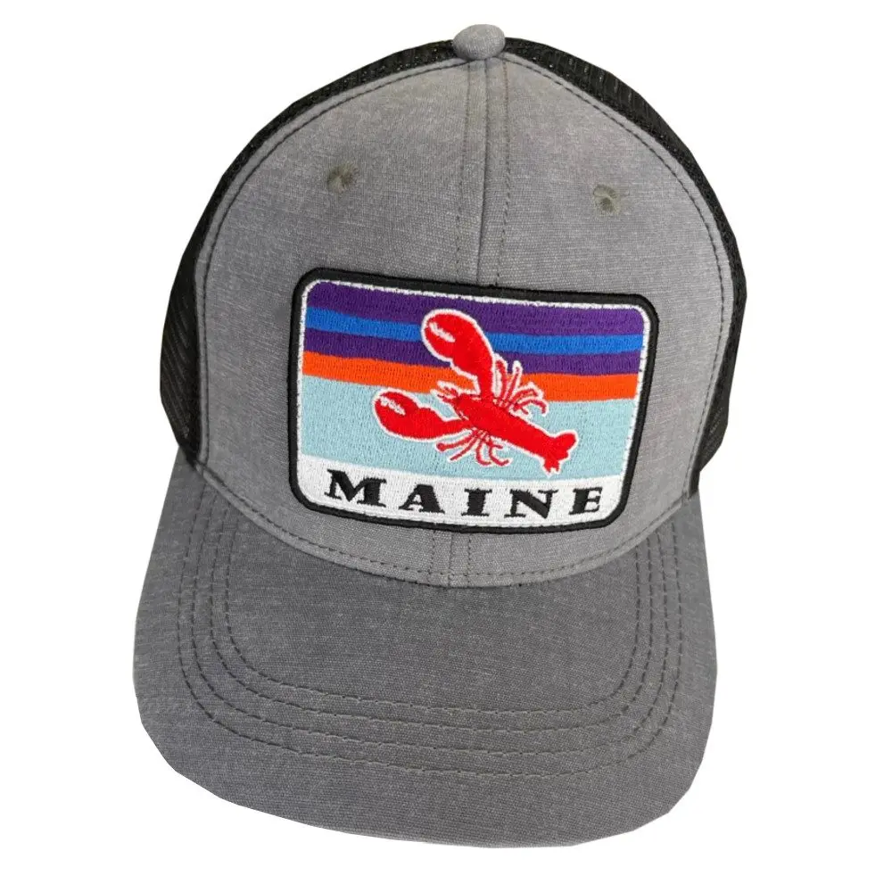 Gray trucker hat with a red lobster patch and the word Maine