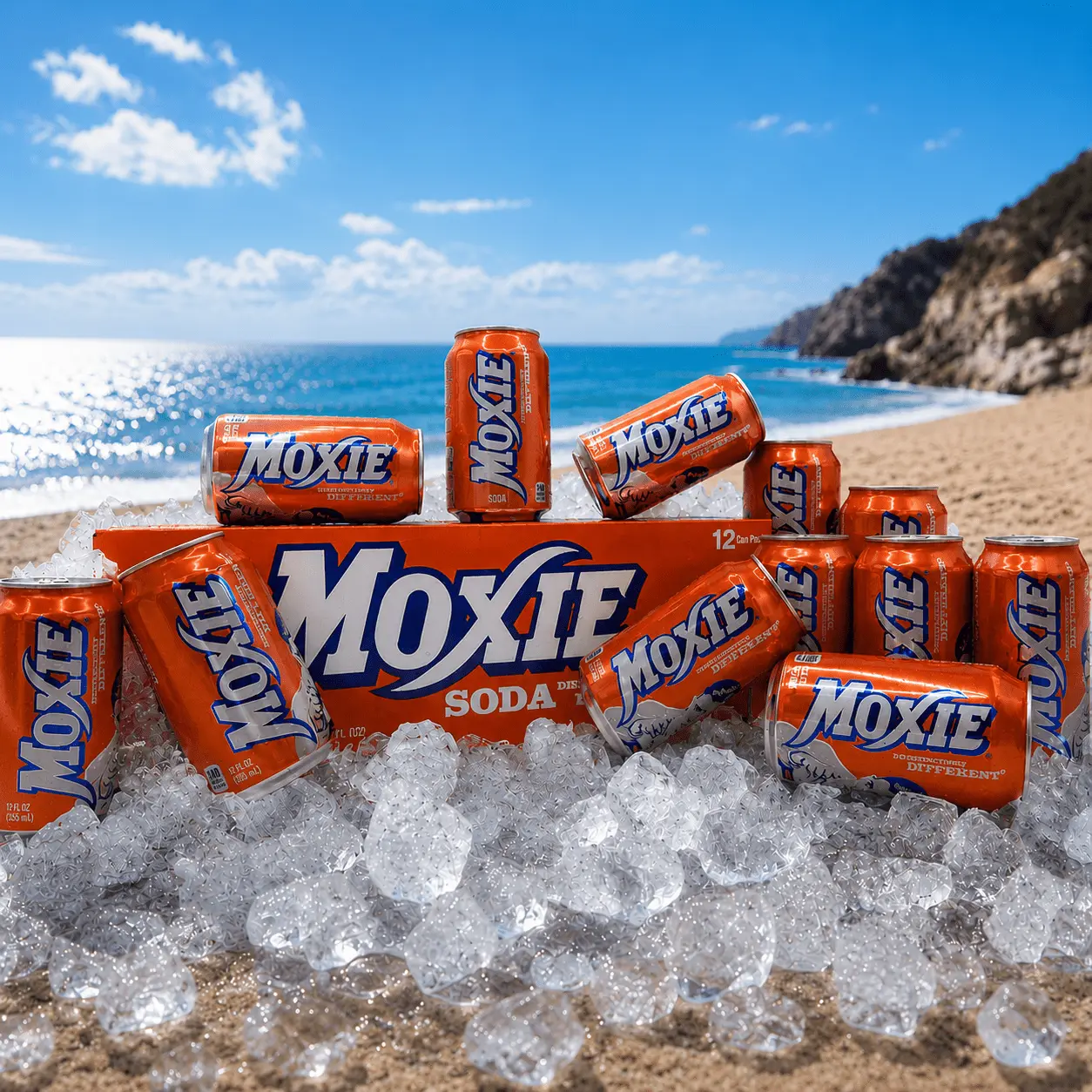 Twelve pack of Moxie soda cans on ice with a sunny ocean beach behind