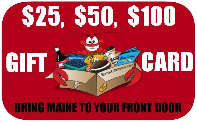 Red Box of Maine gift card graphic for $25, $50 and $100 with a lobster holding a gift box