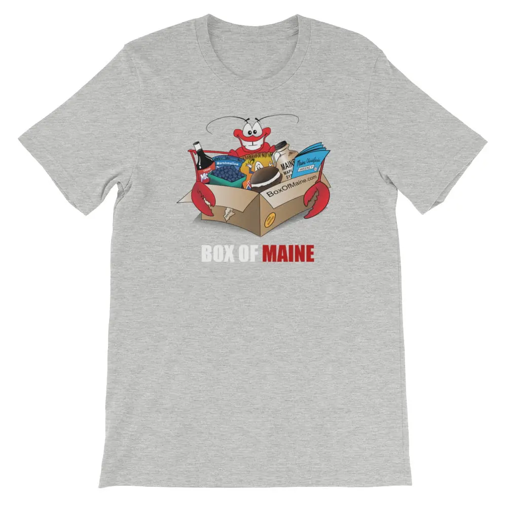 Gray Box of Maine t-shirt with a lobster mascot in a box of Maine foods