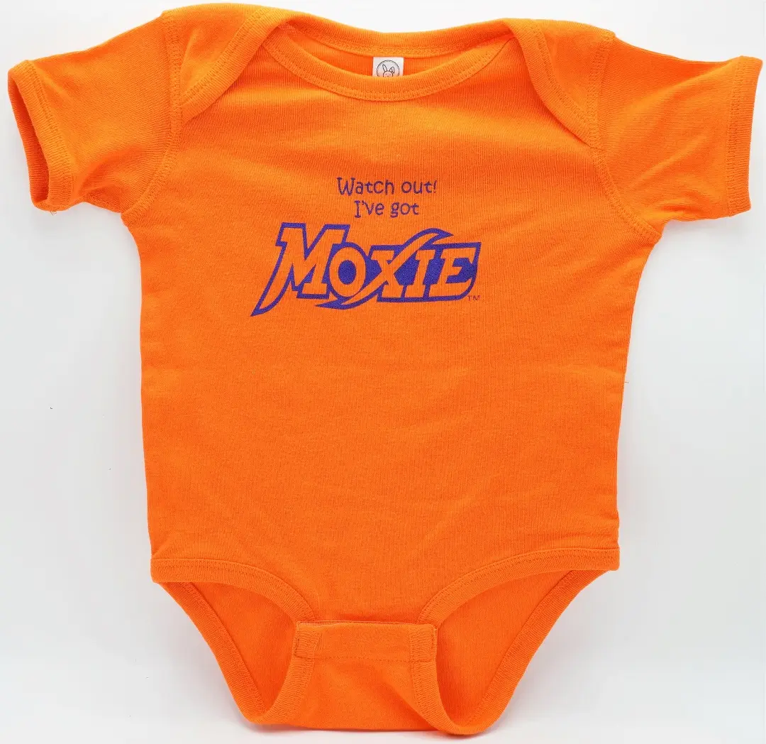 Orange baby onesie printed with Watch out I've got Moxie
