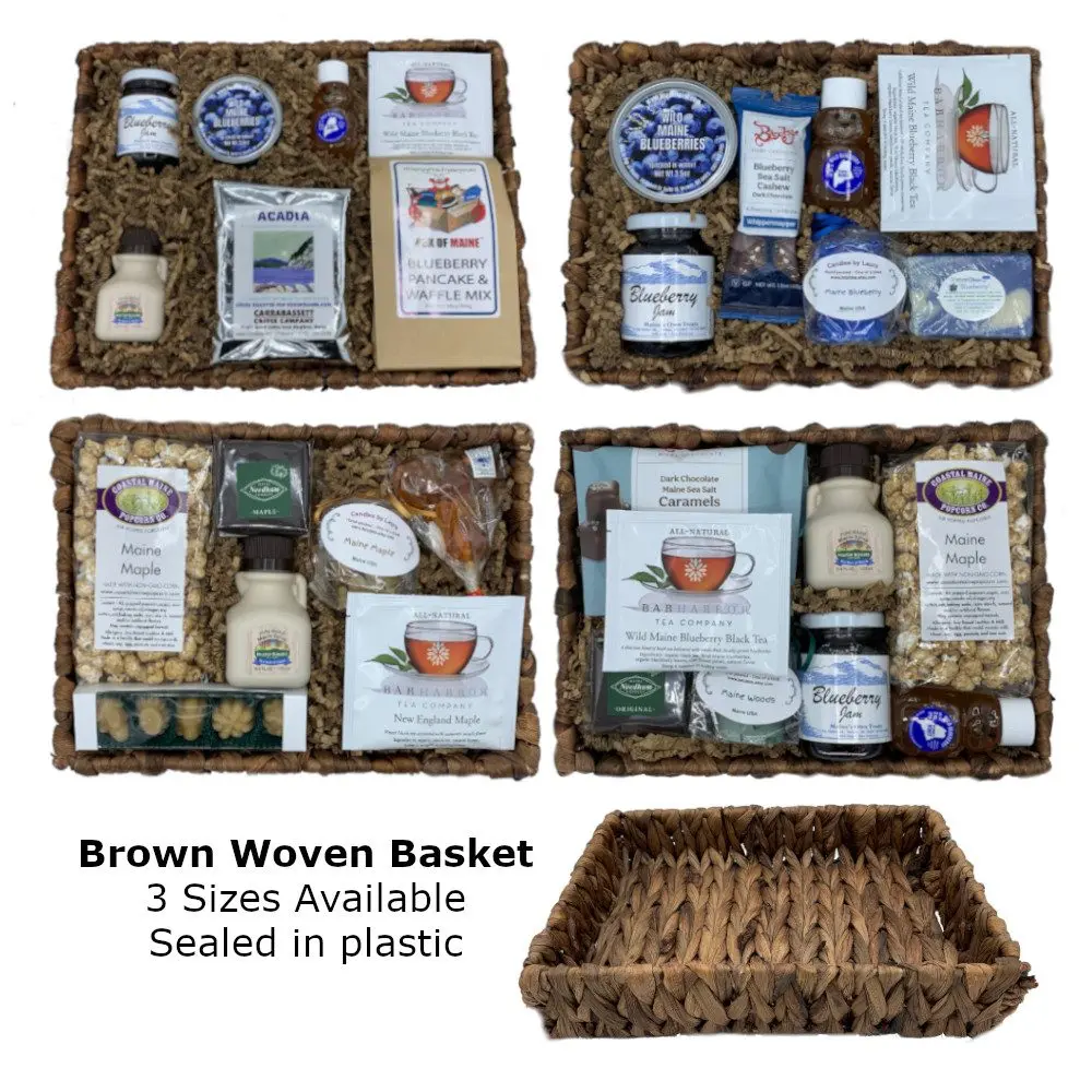 Four brown woven gift baskets filled with Maine foods, with a sizing note for the empty basket