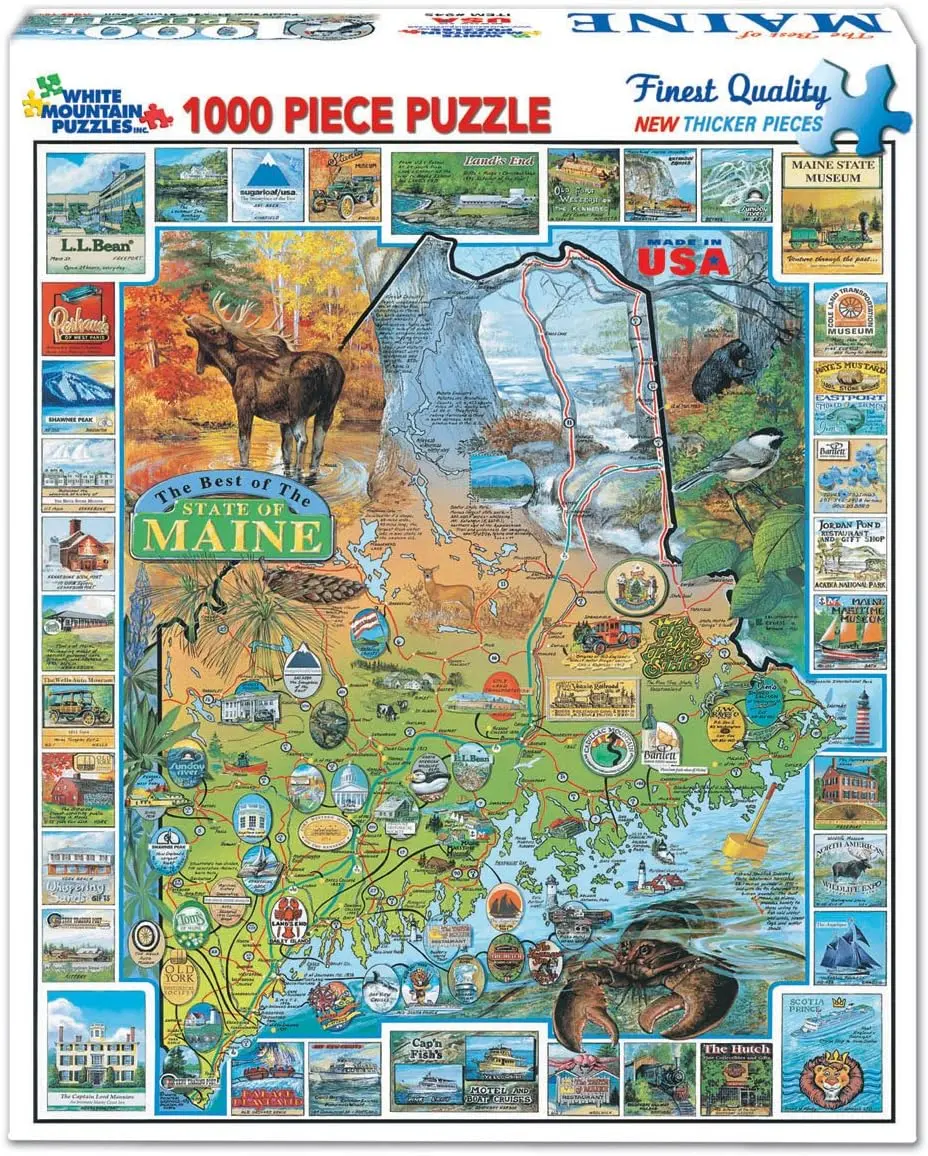 State of Maine 1,000 piece jigsaw puzzle box with a colorful illustrated map of Maine