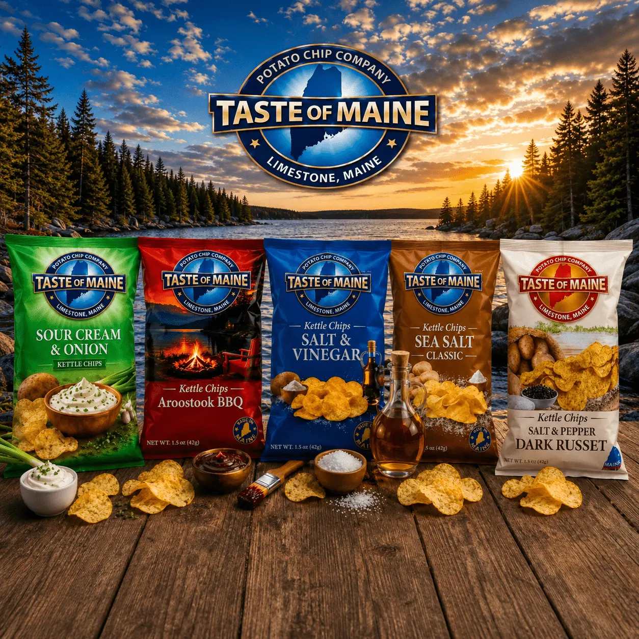 Taste of Maine kettle chips in five flavors on a wooden table with a sunset forest lake behind