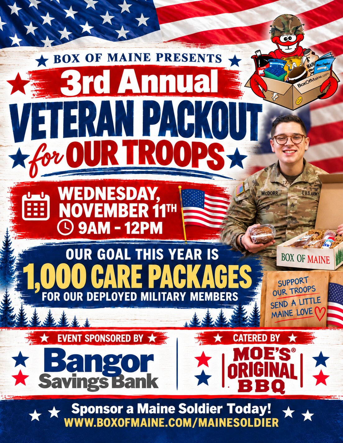 3rd Annual Veteran Packout for Our Troops flyer, Wednesday November 11, 9am to 12pm, goal of 1,000 care packages